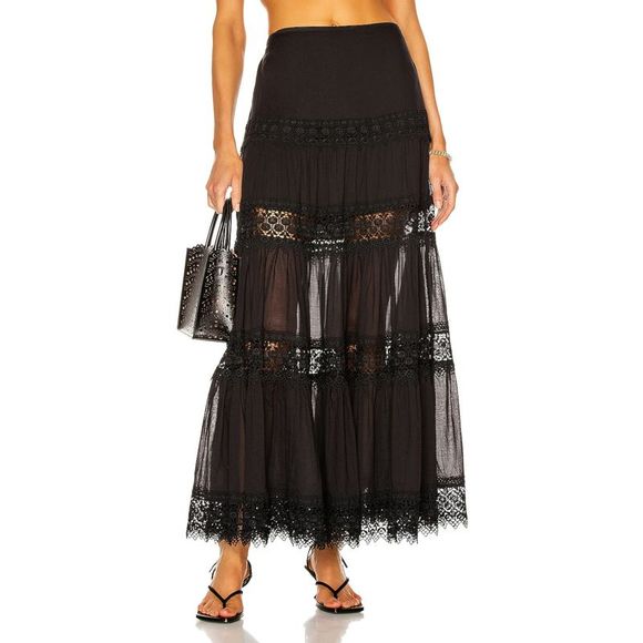 CHARO RUIZ Dresses & Skirts - CHARO RUIZ Womens Black Sheer Lace Pull On Elastic Waist Maxi A-Line Skirt L